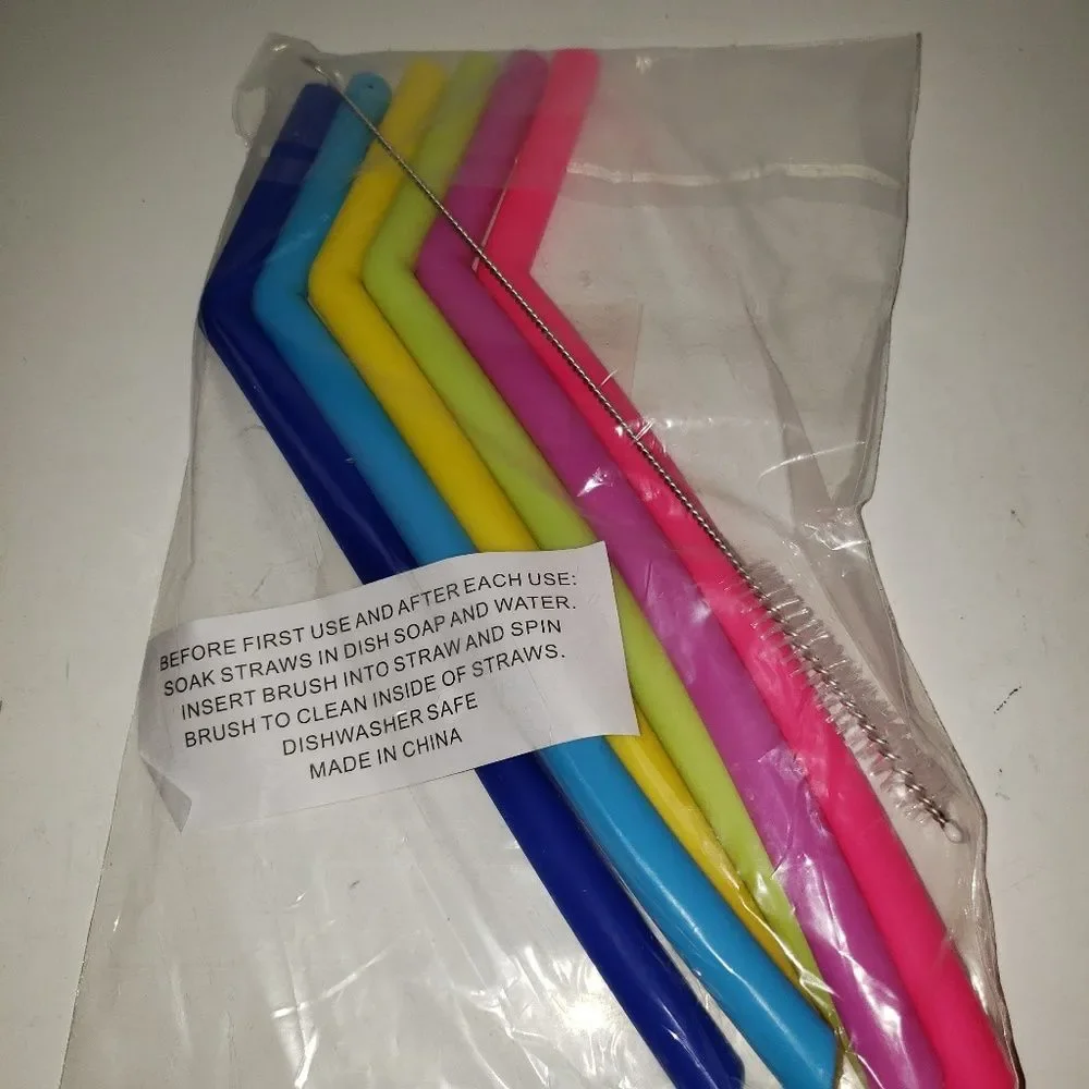 Unbranded Set of 6 Silicone bended reusable straws With Cleaning Brush